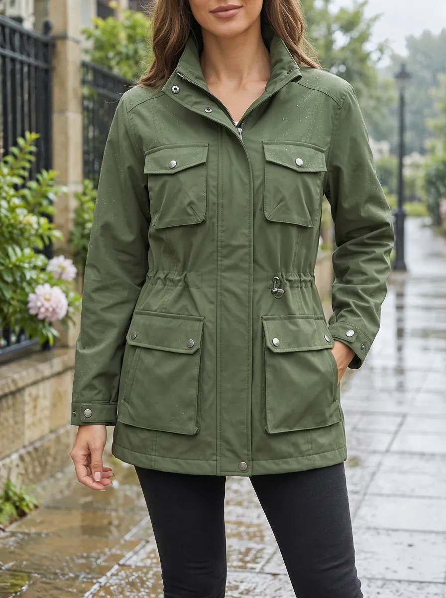 Women's Olive Green Utility Waterproof Jacket with Adjustable Cuffs