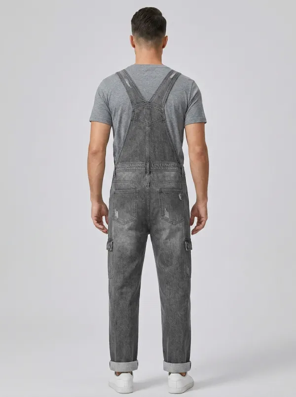 Men's Distressed Streetwear Cargo-Pocket Denim Bib Overalls