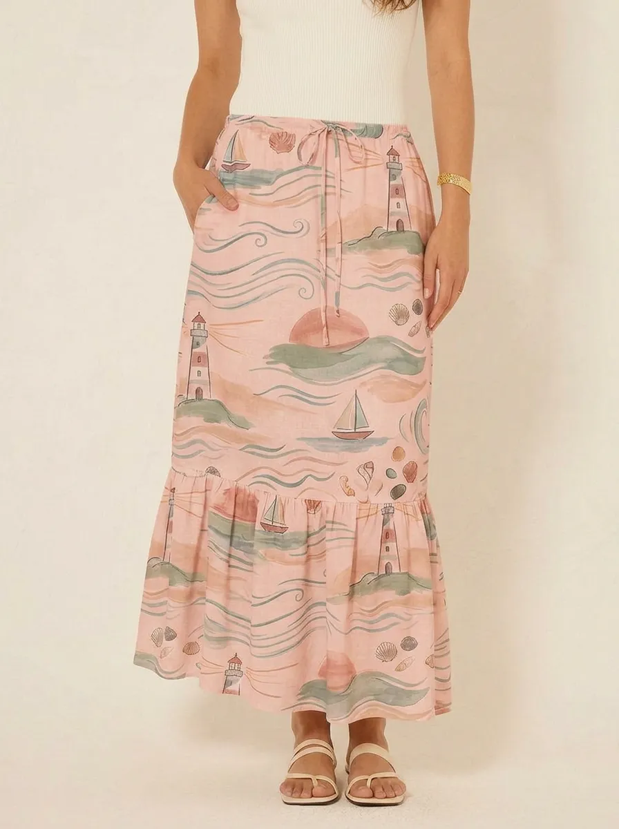 Women's Nautical Beach Lover Lighthouse Sailboat Printed Midi Skirt