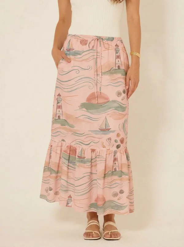 Women's Nautical Beach Lover Lighthouse Sailboat Printed Midi Skirt