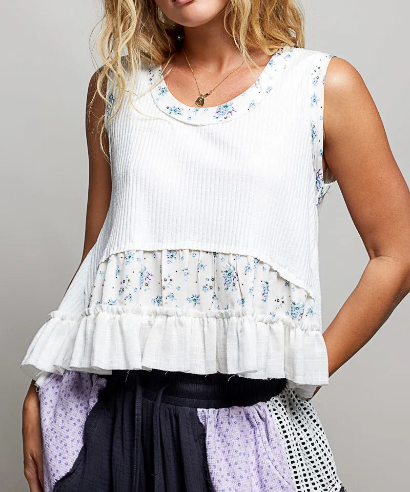 Floral Print Patche Round Neck Ribbed Tank With Double Gauze Ruffle Accents