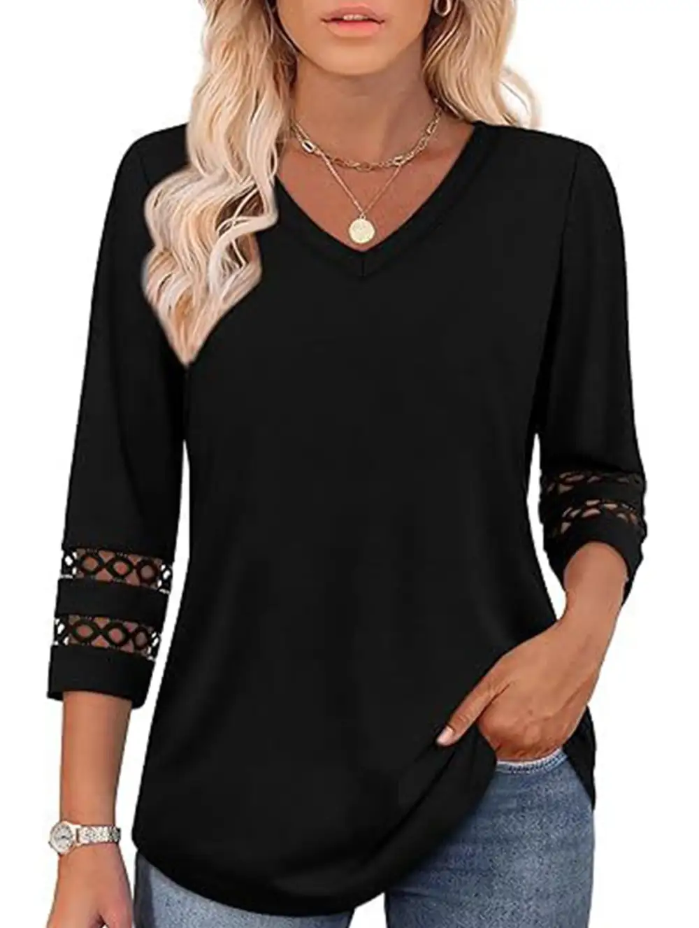V-Neck Lace Trim Top
