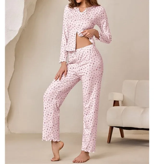 Floral Neck Long Sleeve Set