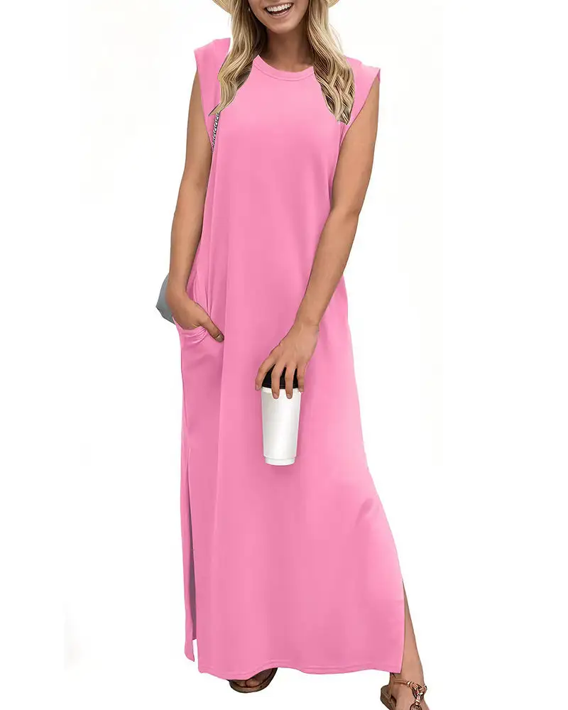Casual Sleeveless Split Maxi Dress With Pockets