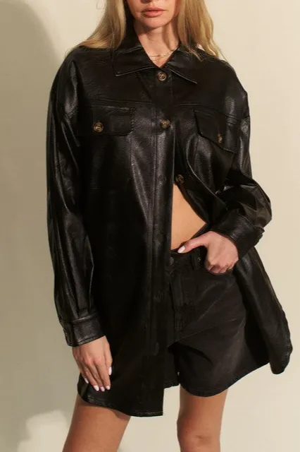 Faux-Leather Cotton Pocketed Jacket