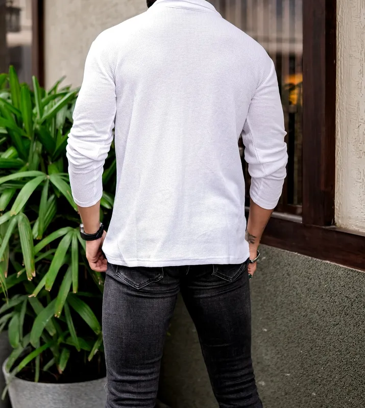 White Slim-Fit V-Neck Casual Button Shirt