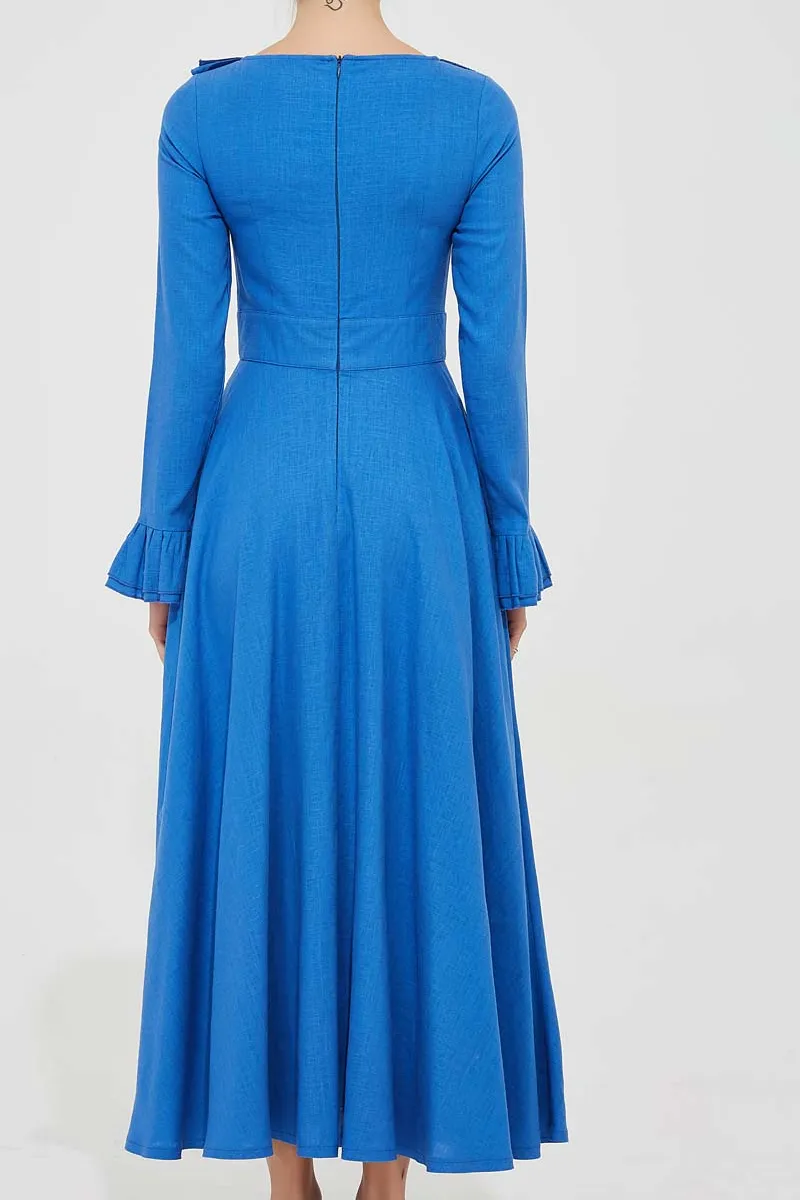Linen Swing Ruffle Ruffle Neck Long Sleeve Maxi Dress