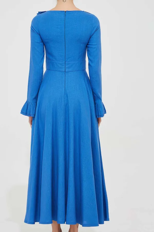 Linen Swing Ruffle Ruffle Neck Long Sleeve Maxi Dress