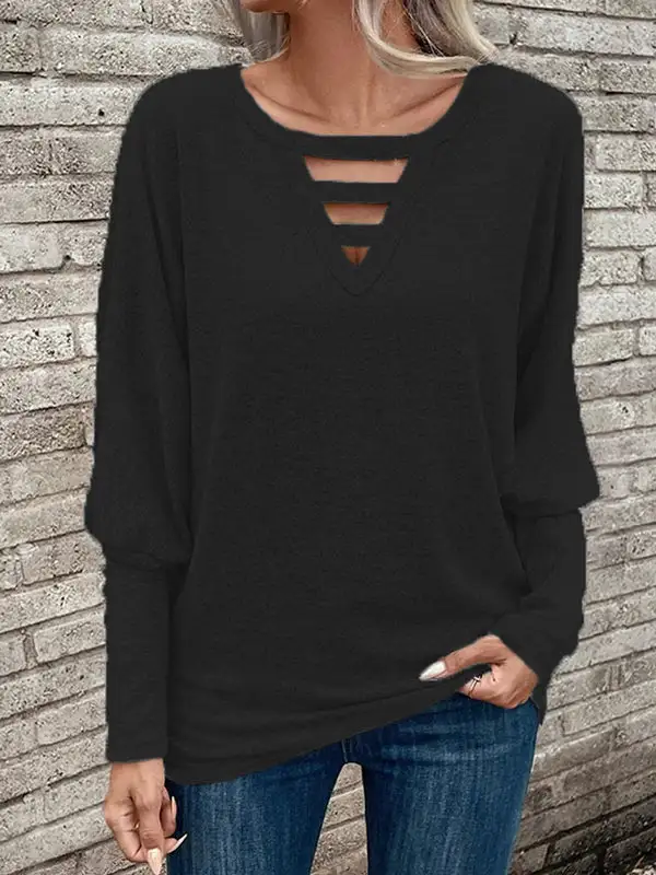 Long Sleeve Relaxed Cutout Panel Detail V-Neck Polyester T-Shirt