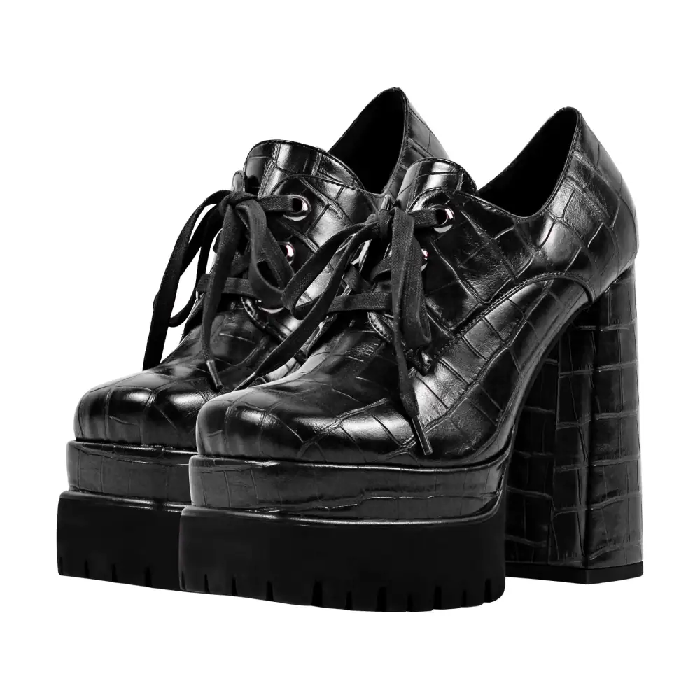 Lace Detail Square Toe Double Platform Chunky Heel Lace Up Pumps