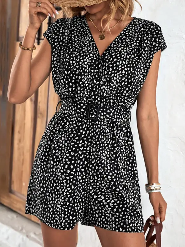 Leopard Print Jumpsuit V Neck Commuter Shorts