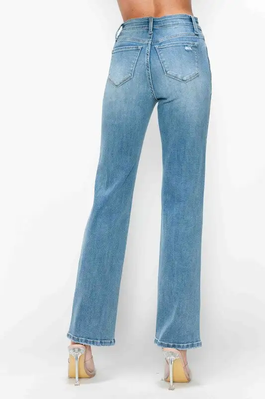 High-Rise Distressed Washed Pocketed Straight Leg Jeans