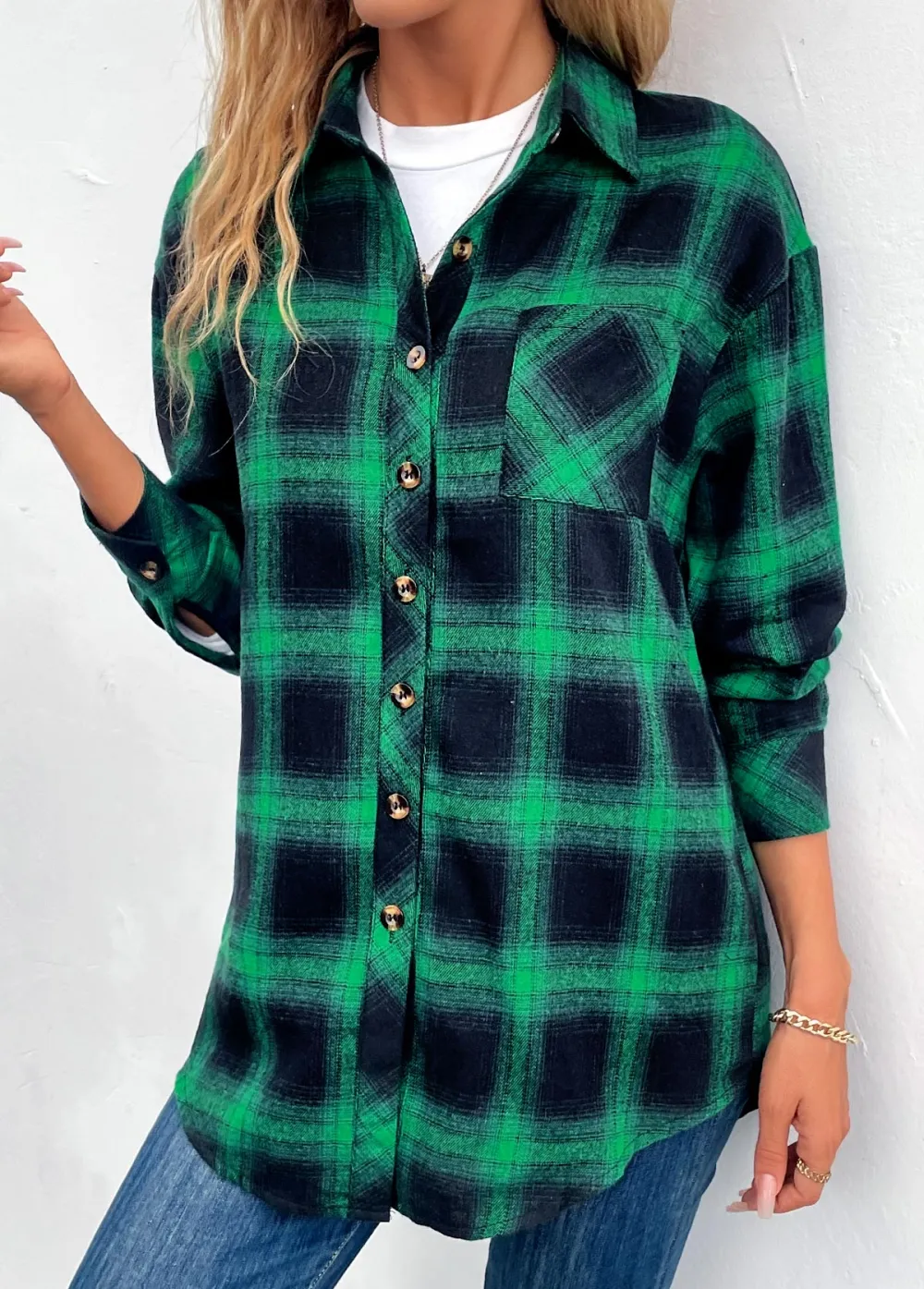 Green Button Plaid Long Sleeve Shirt Collar Coat