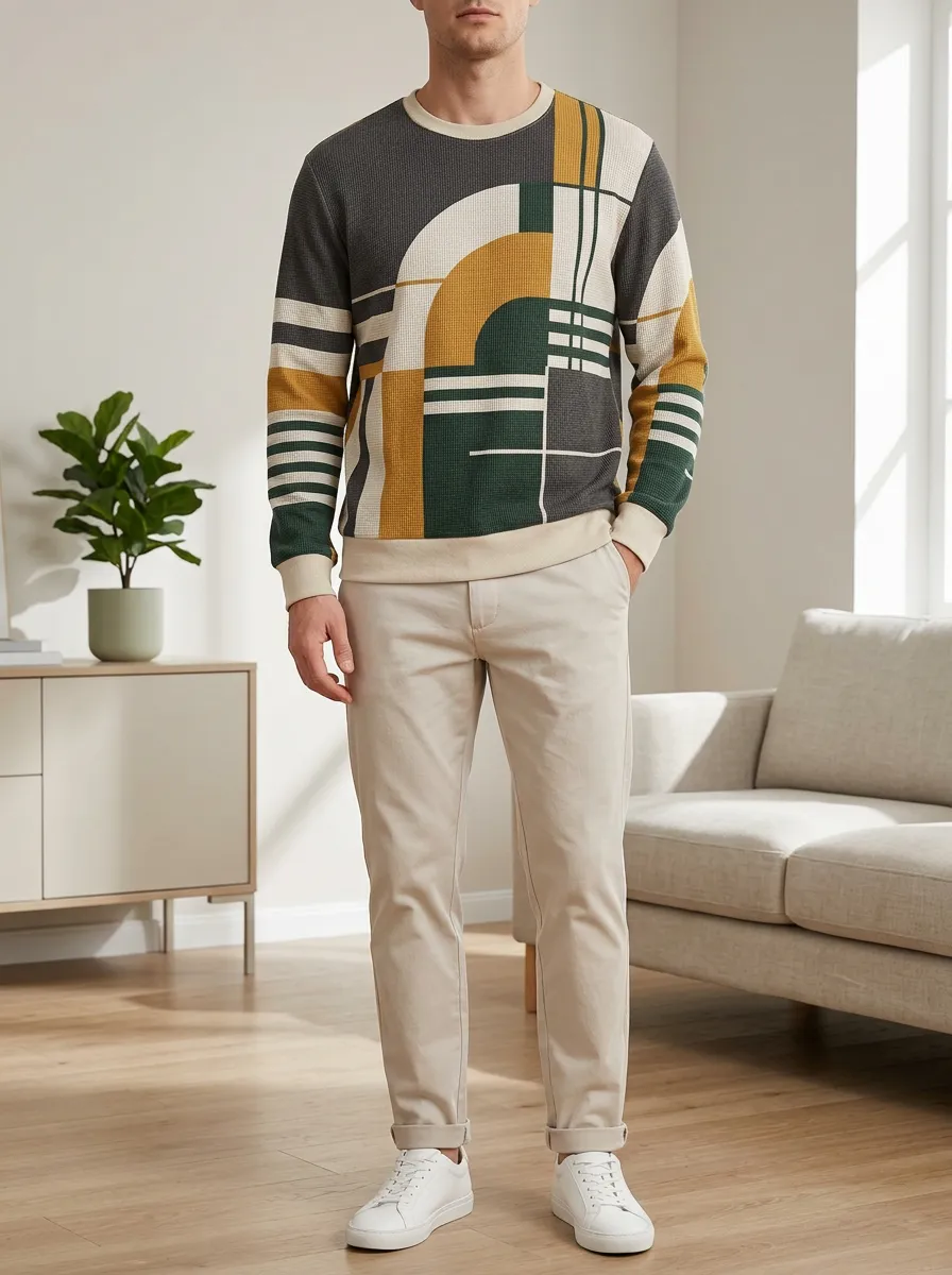 Men's Multi-Color Geometric Printed Waffle Crewneck Sweatshirt