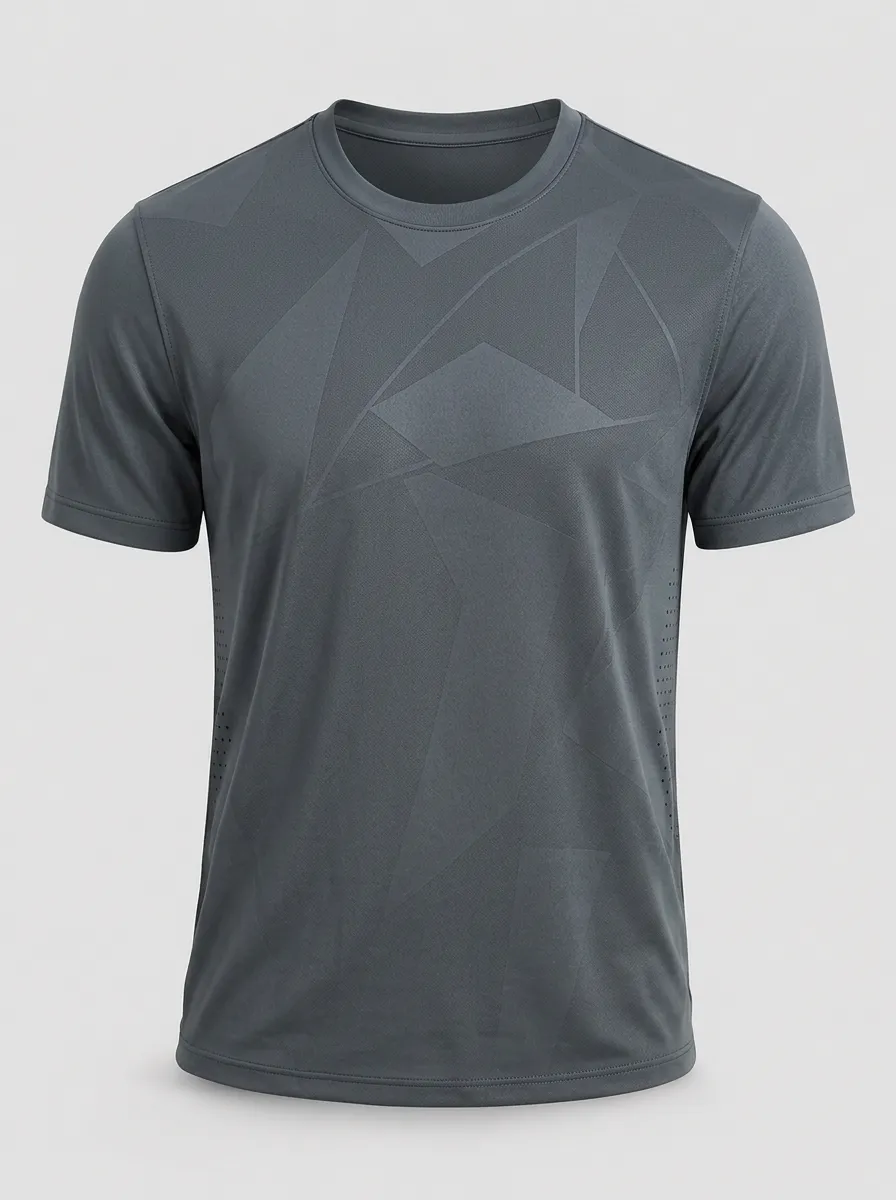 Men's Charcoal Geometric Pattern Crewneck T-Shirt