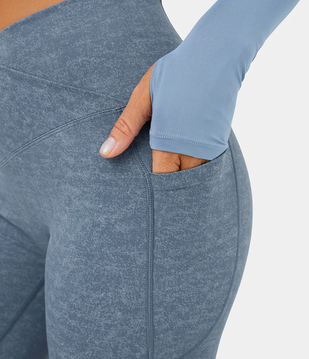 Crossover Side Pocket Stretchy Denim Print Yoga Leggings