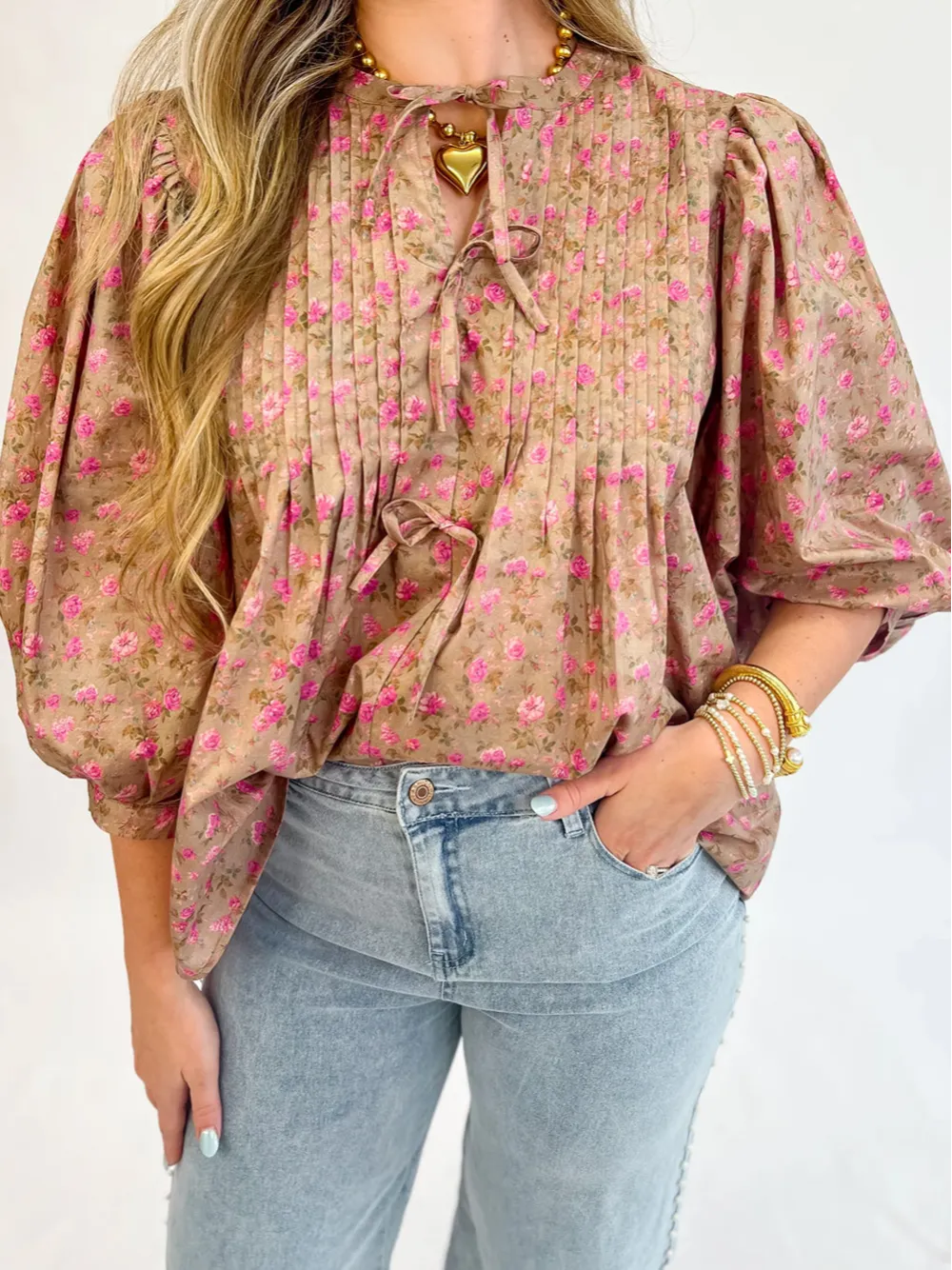Floral Bow Detail Puff Sleeve Blouse