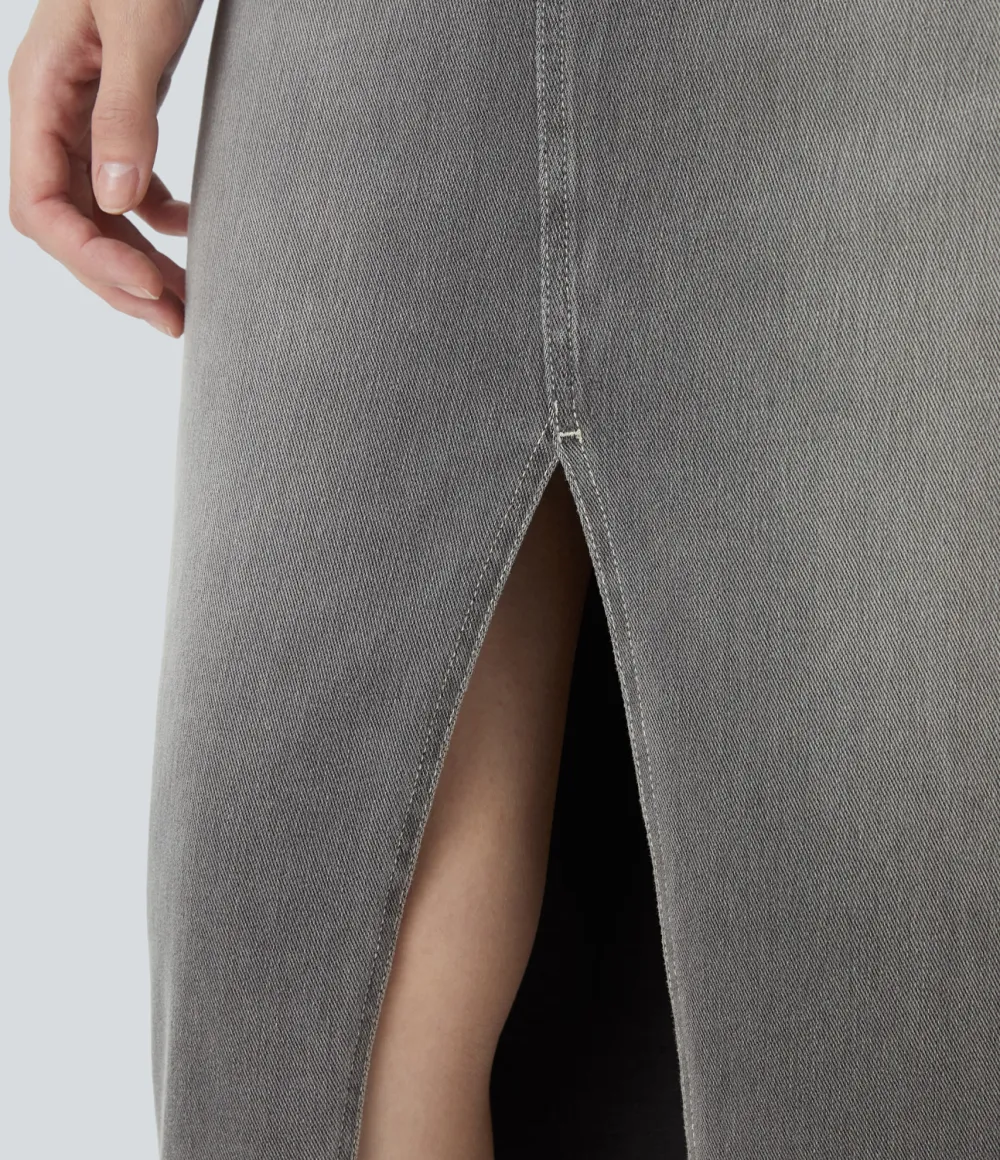 Magic High Waisted Multiple Pockets Bodycon Split Washed Stretchy Knit Denim Casual Midi Skirt