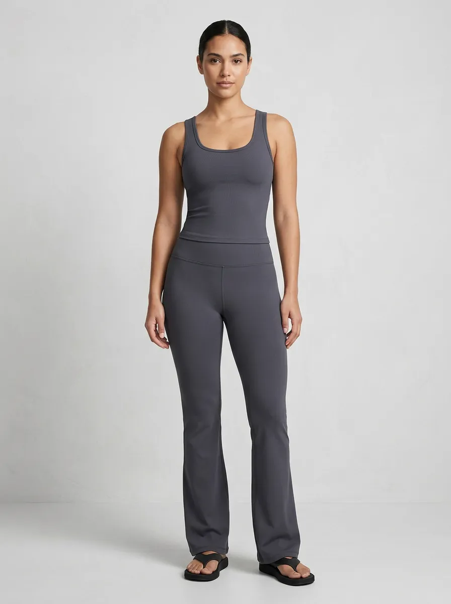 Women's Yoga Fitness Charcoal Ribbed Tank Flare Leggings Set