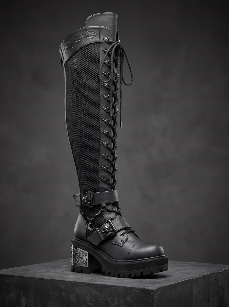 Gothic Revival Skull Moon Thorn Punk Look Women's Gothic Platform Knee High Boots