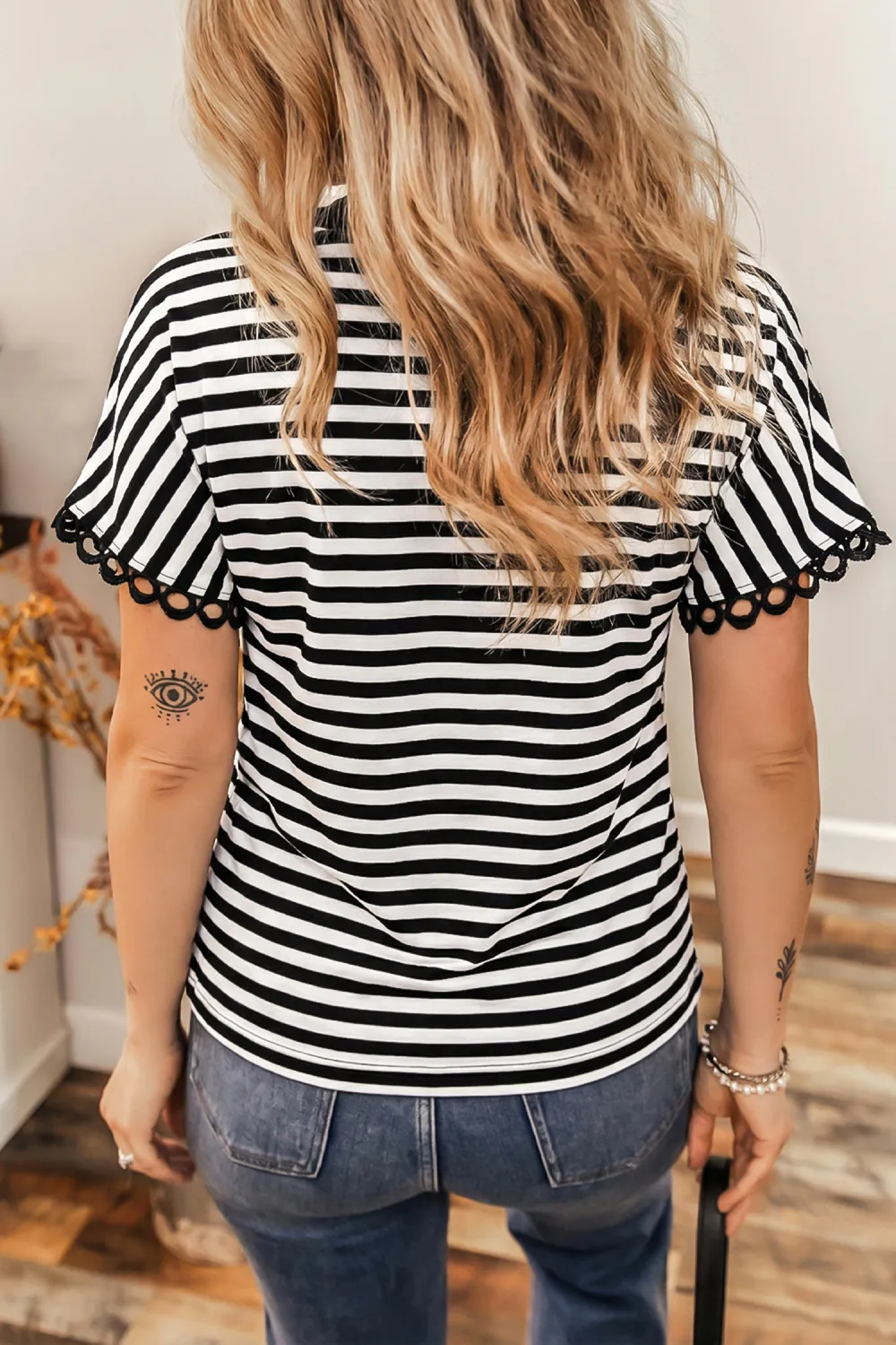 Black Striped Print V Neck Tee