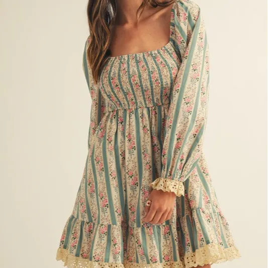 Classic Floral Lace Detail Smocked Ruffle Detail Dress