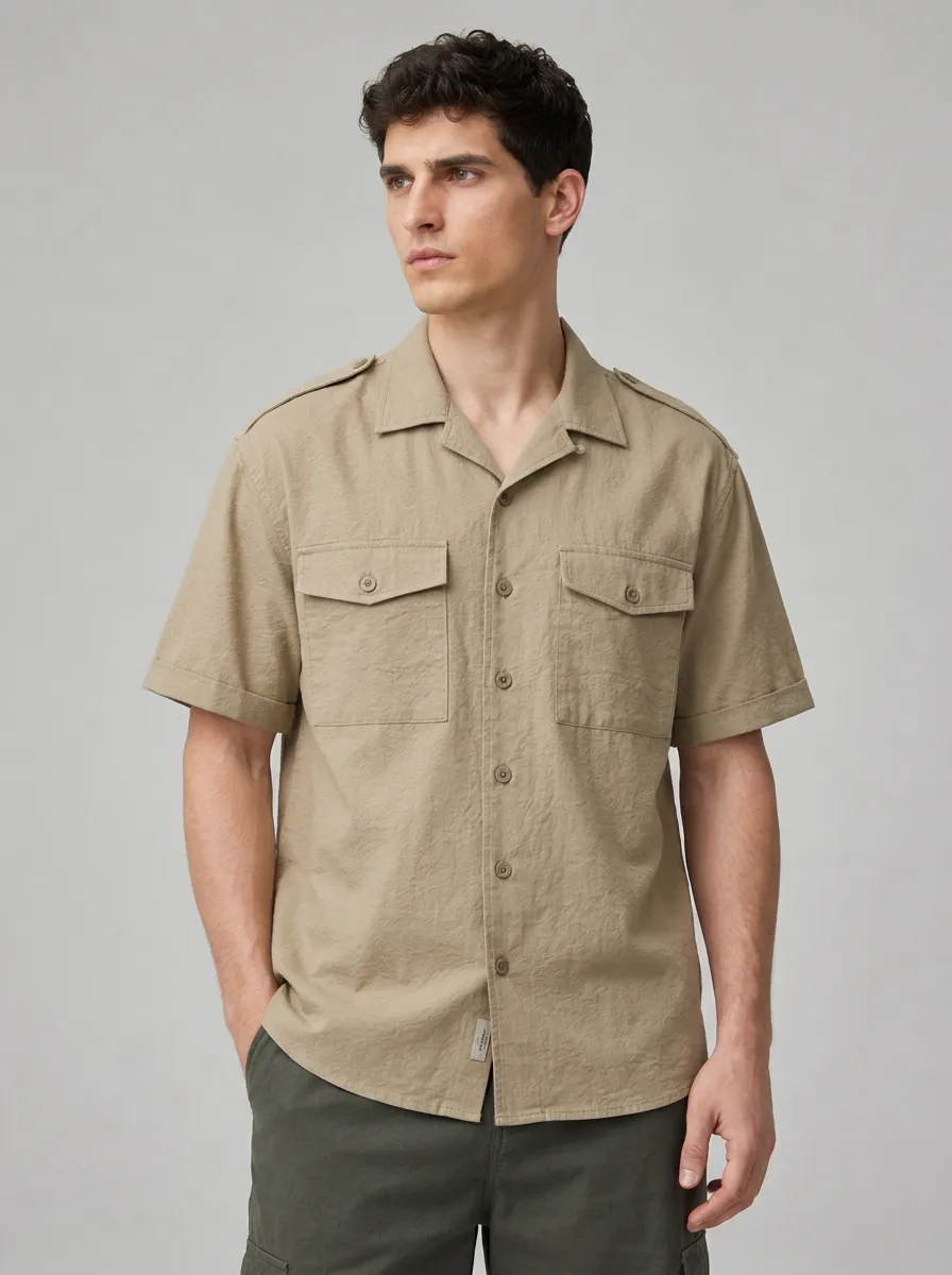 Men's Casual Khaki Breathable Utility Pocket Short Sleeve Shirt