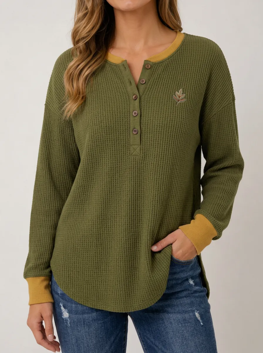 Modern Weekend Leaf Embroidered Waffle Knit Henley Top