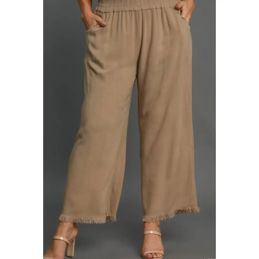 Full Size Linen Blend Elastic Waistband Wide Leg Pants Plus Size