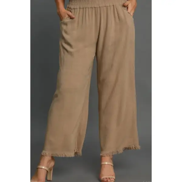 Full Size Linen Blend Elastic Waistband Wide Leg Pants Plus Size