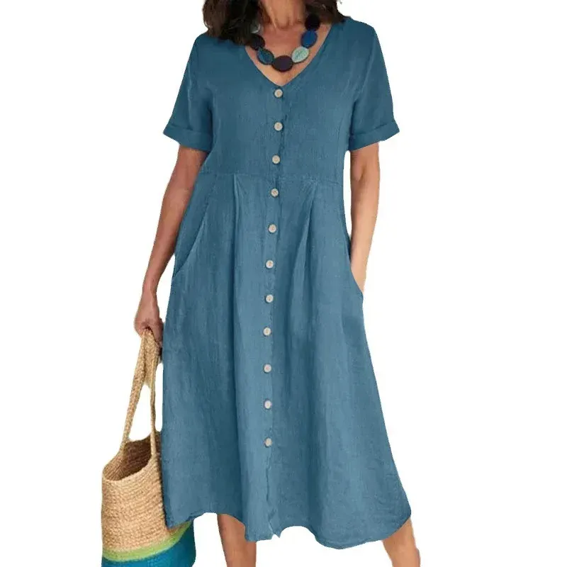 V-Neck Short Sleeve Linen Blend Midi Dress