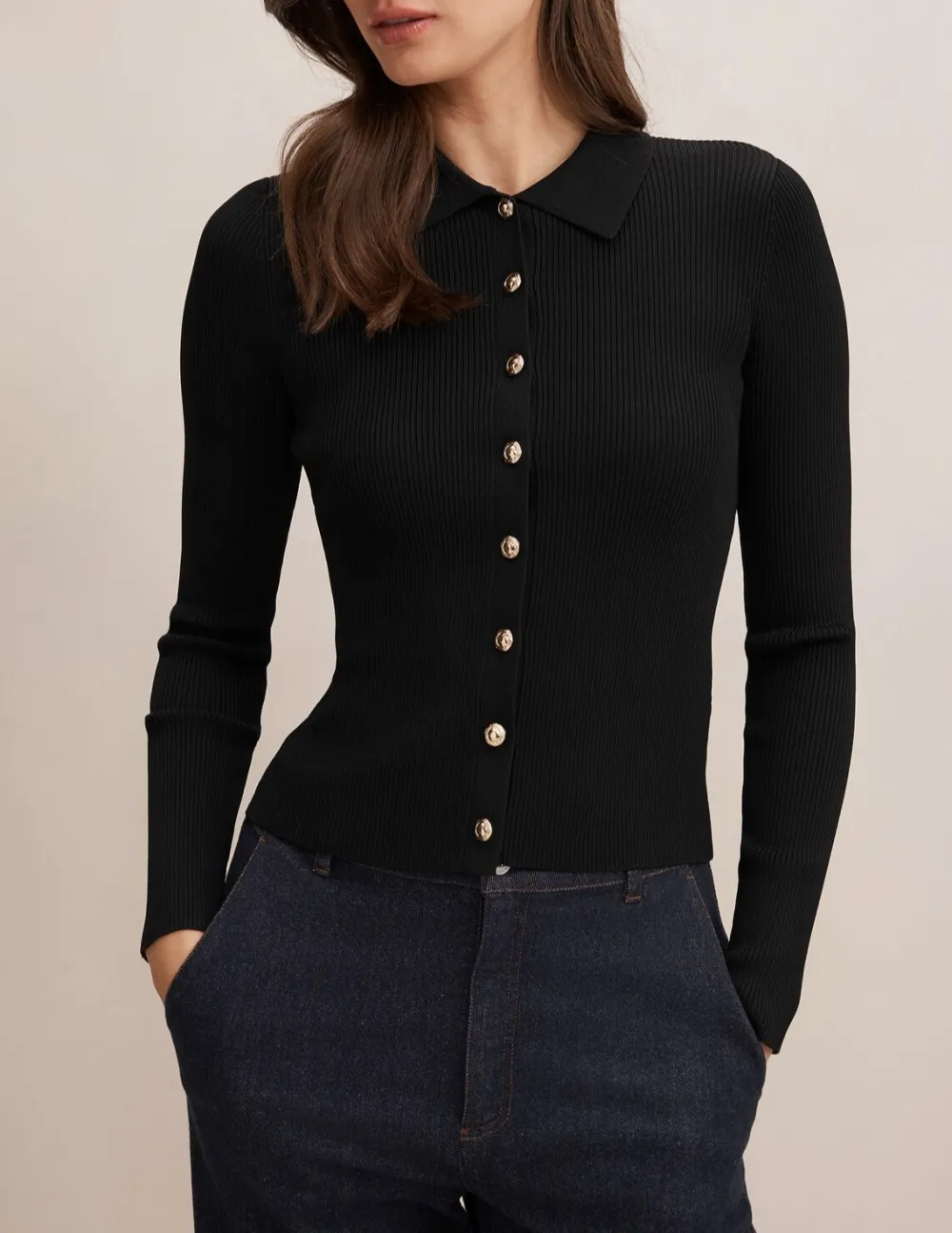 Black Ribbed Knit Long Sleeve Polo Top