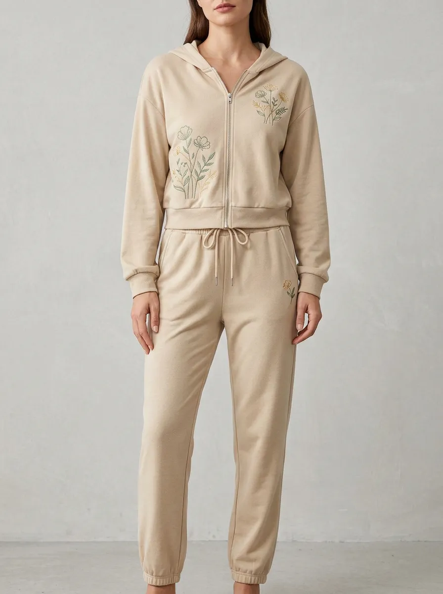 Women's Floral Embroidered Zip-Up Hoodie Jogger Set