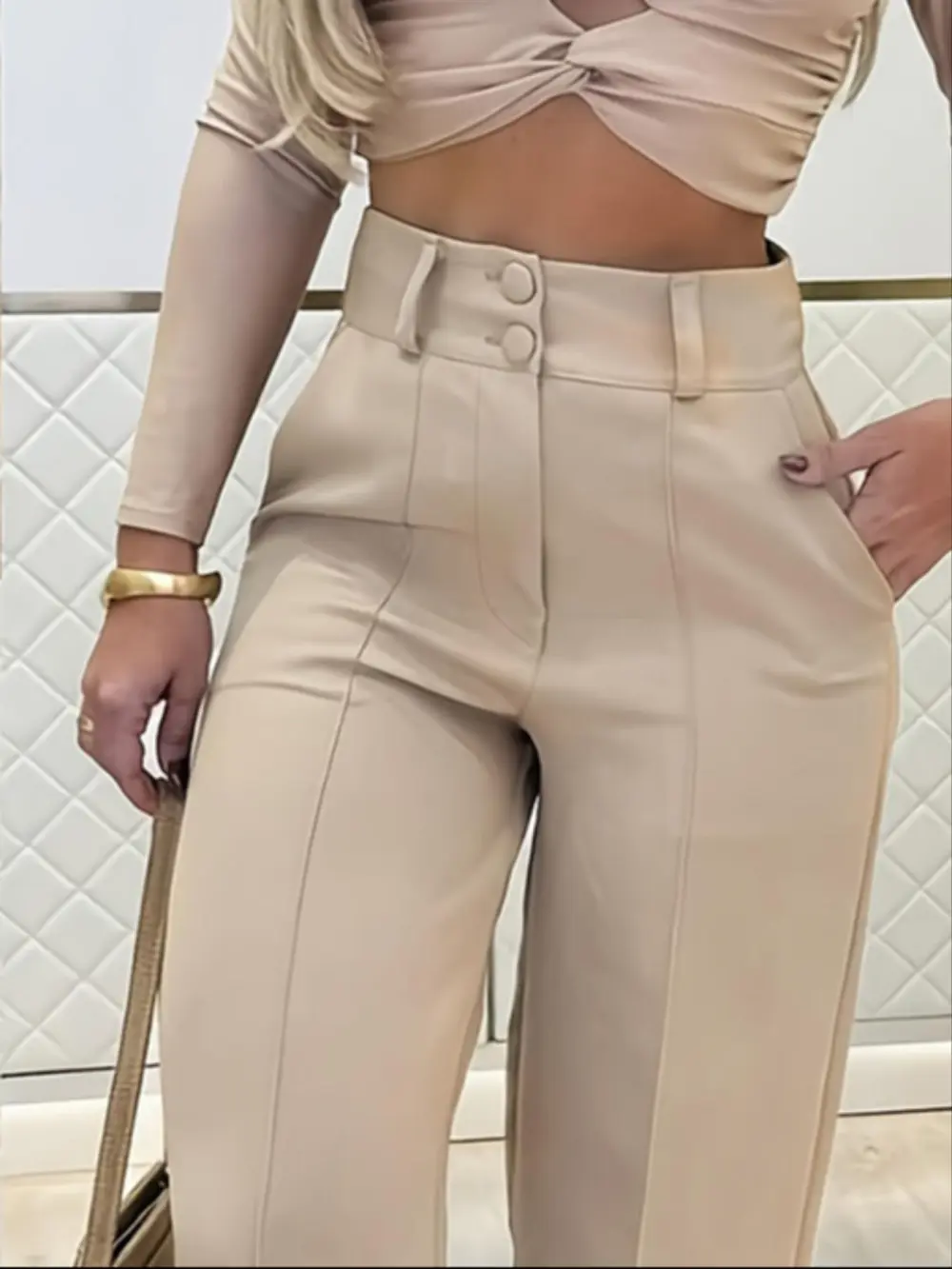 Women's Wide-Leg Pants with Double Button Front Office Trousers