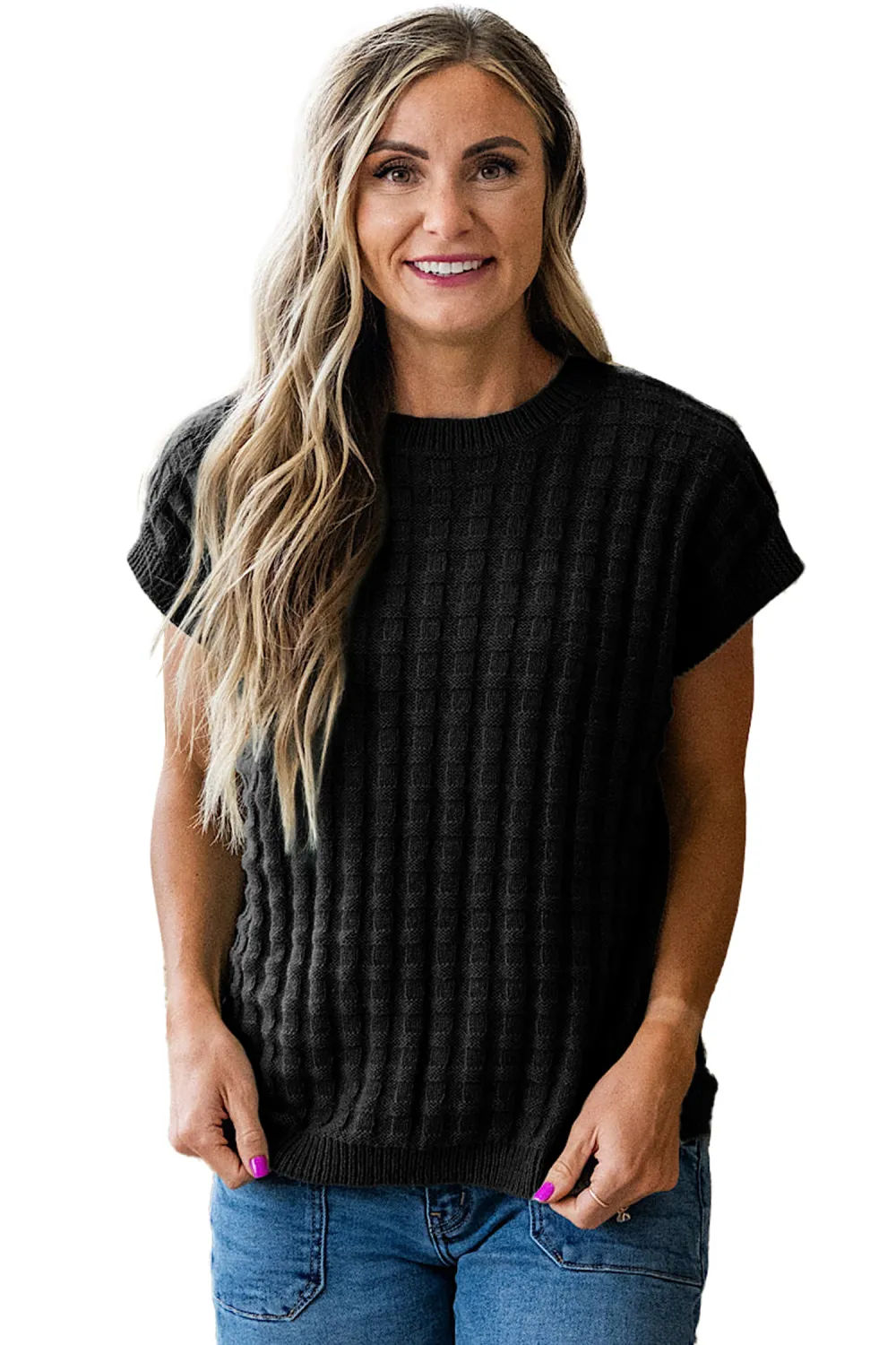 Black Round Neck Textured Short Sleeve Top