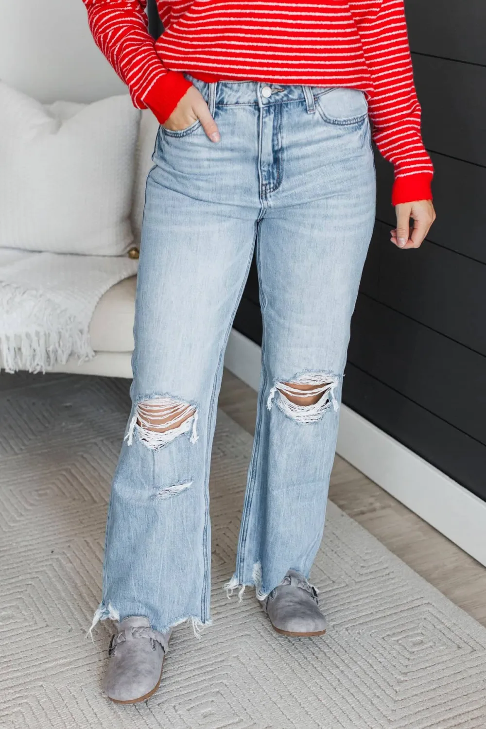 High-Rise Flare Distressed Jeans
