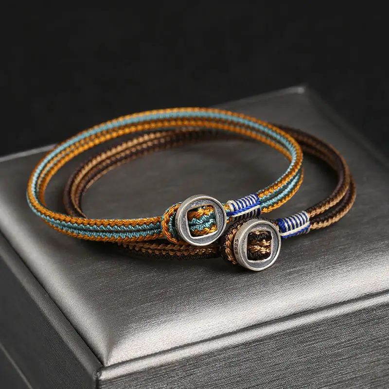Sterling Silver Handmade Button Weave String Bracelet