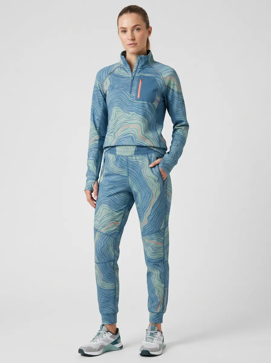 Women's Blue Topographic Print Quarter-Zip and Jogger Set