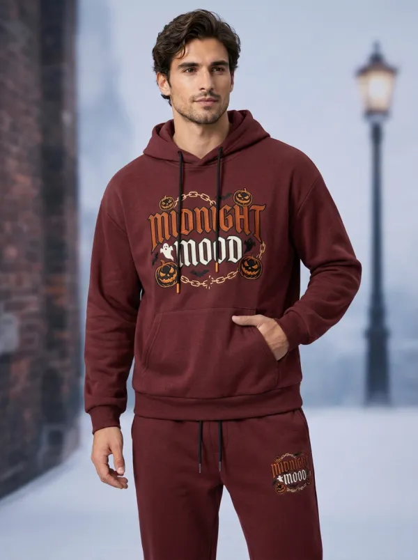 Men's Halloween Charcoal Midnight Mood Pumpkin Kangaroo-Pocket Dropped-Shoulder Hoodie Jogger Set