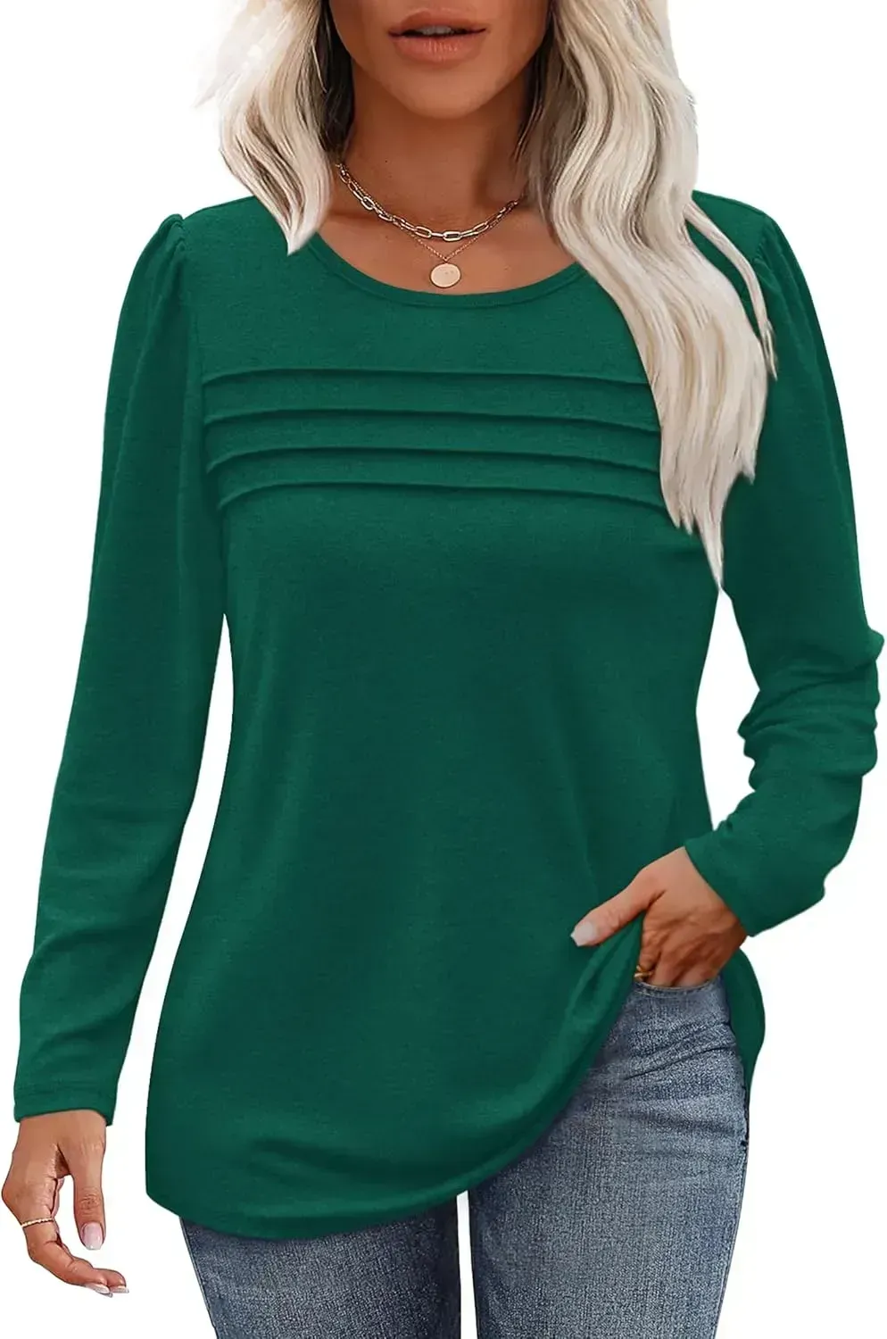 OFEEFAN Long Sleeve Shirts for Women Fall Fashion 2024 Dressy Casual Blouses Trendy Pleated Tunic Tops for Leggings