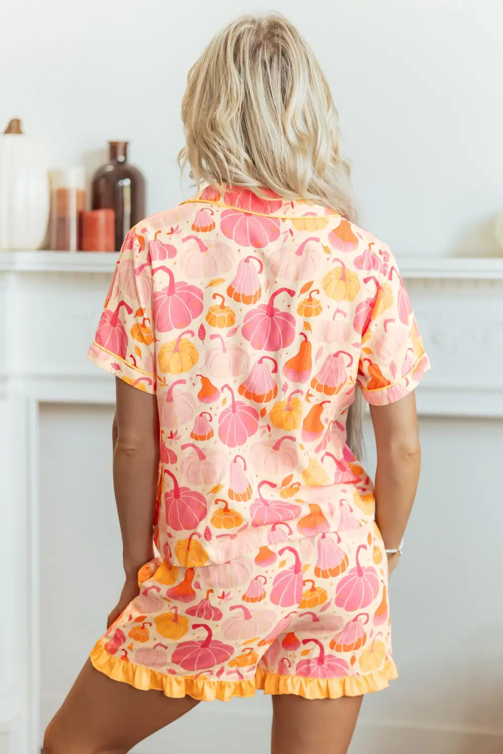Women's Short Sleeve Pumpkin Print Pocket Placket Shell Button Lounge Set