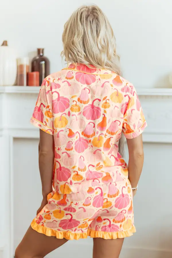 Women's Short Sleeve Pumpkin Print Pocket Placket Shell Button Lounge Set