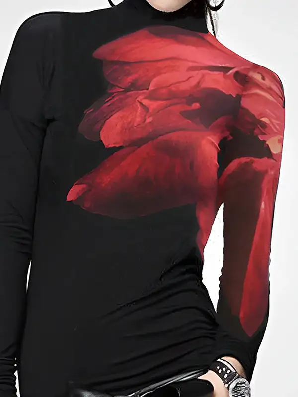 Long Sleeve Slim Fit Asymmetric Print Panel Detail High Neck T-Shirt