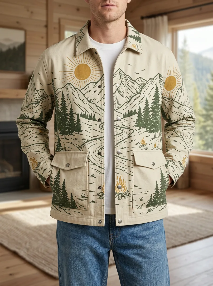 Men's Outdoor Camping Mountain Sun Forest Printed Jacket