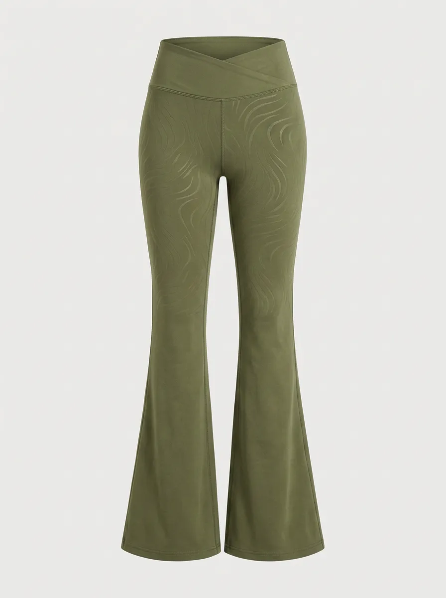 Women's Olive Green Wavy Texture Printed Flare Leggings
