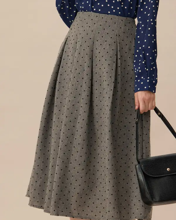 Polka Dot Pleated A Line Midi Skirt