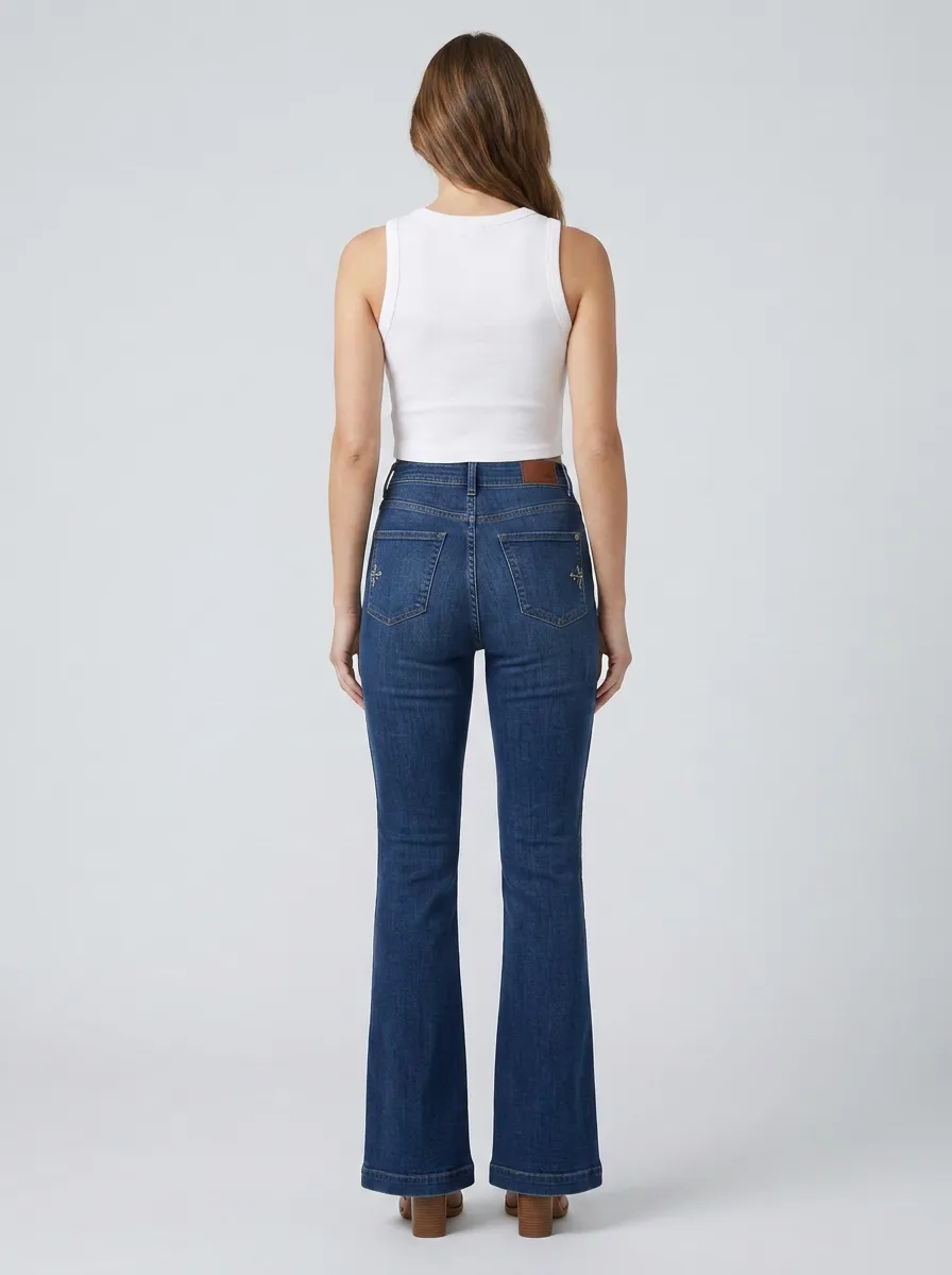 Women's Floral Side Stripe Embroidered High Rise Flare Jeans