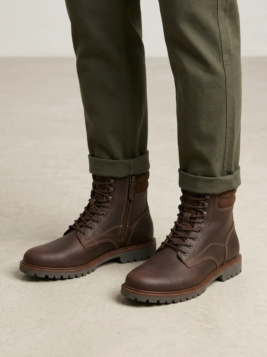 Unisex Leather Lace-Up Side-Zip Work Boots