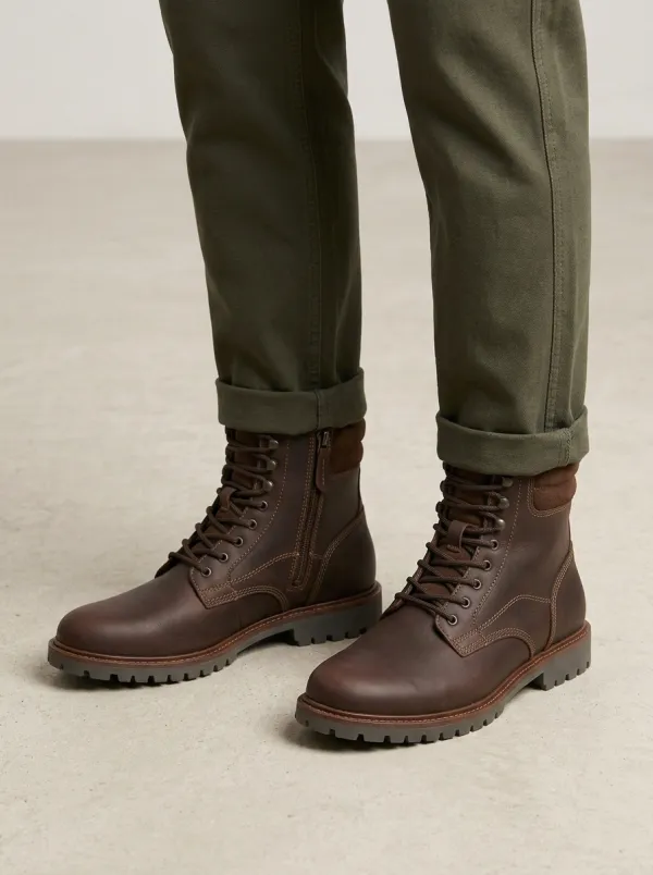 Unisex Leather Lace-Up Side-Zip Work Boots