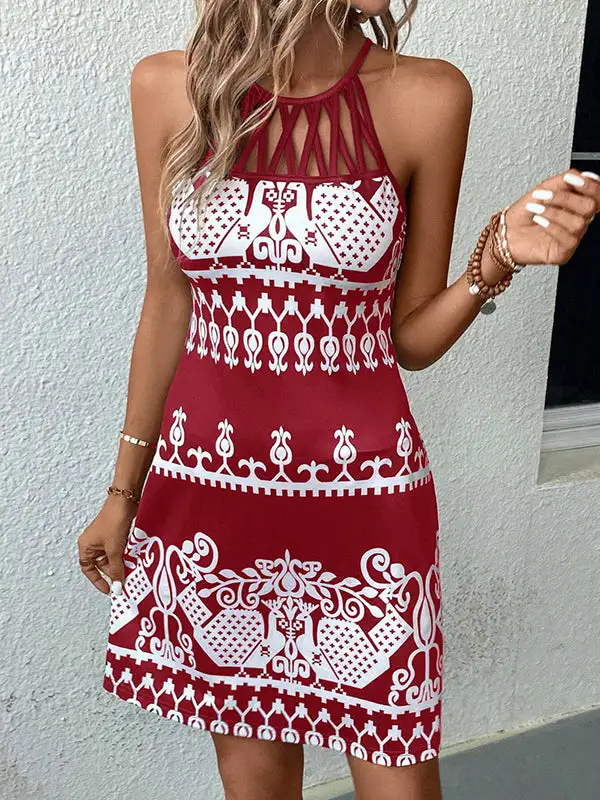 Relaxed Sleeveless Hollow Printed Split Joint Halter Neck Mini Dress